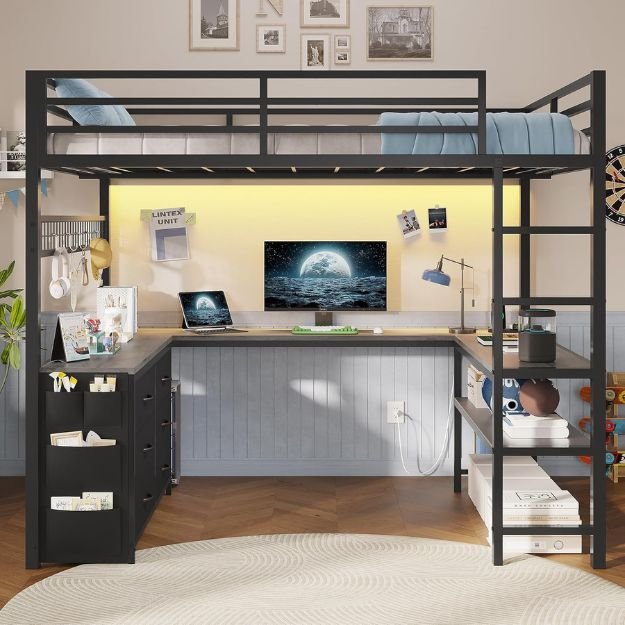 ADORNEVE Full Size Metal Loft Bed with U-Shaped Desk & Storage - Image 5