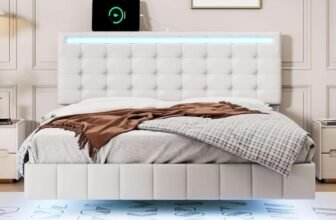 Stylish Modern Full Size White Floating Bed Frame Review: LED Lights, USB Charging & Upholstered Comfort