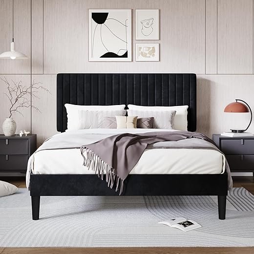 Modern Black Velvet Full Size Bed Frame