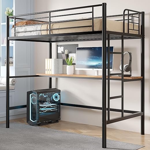 Twin Loft Bed with Desk and Guardrails