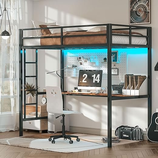 Twin Metal Loft Bed with Desk and Lights
