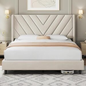 Yaheetech Beige Queen Upholstered Bed Frame
