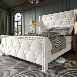 Elegant Velvet Queen Bed Frame with Wingback Headboard