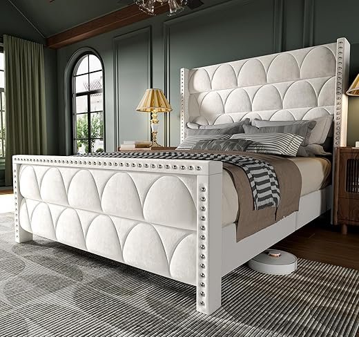 Elegant Velvet Queen Bed Frame with Wingback Headboard