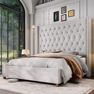 Elegant Velvet Queen Bed Frame with Wingback Headboard