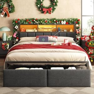 Furnulem Queen Bed Frame with Storage & LED