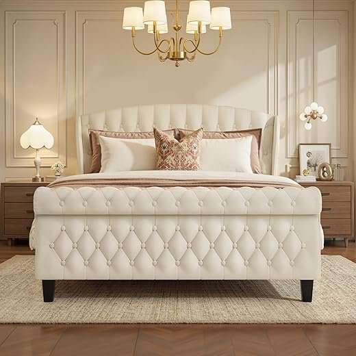 HISOFT Queen Velvet Sleigh Bed Frame