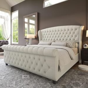 Queen Size Chenille Upholstered Sleigh Bed
