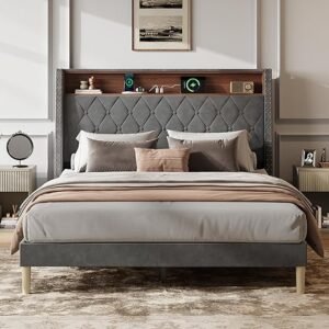 Queen Upholstered Bed with Charging Station