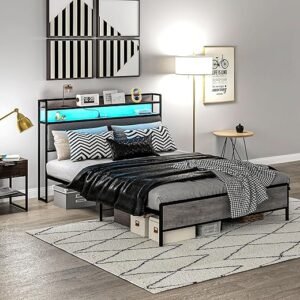 LED Queen Bed Frame with Storage and Charging